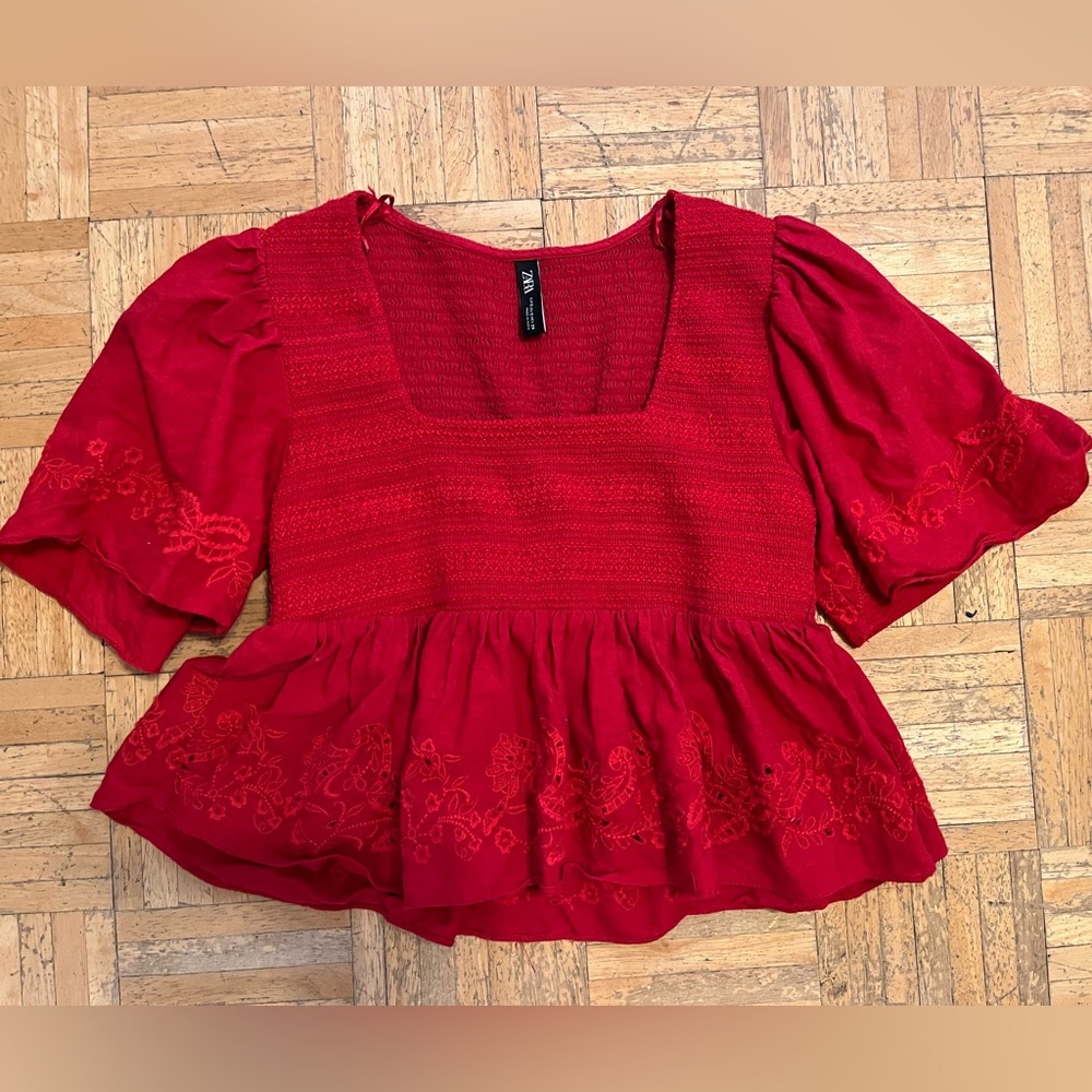 Zara Red Embroidered Crop Top